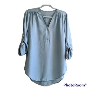 Zipper V-neck Aqua Turquoise Women's Blouse Rolled Sleeves